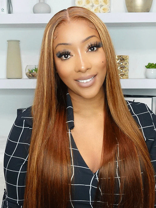 Sleek Pre-Plucked Wear & Go Glueless Straight wig. Honey Blonde highlight transparent lace.