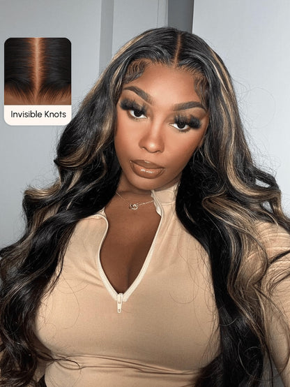7x5 & 13x4 Glueless Lace Black With Blonde Highlights 3D Body Wave Bleached Knots Wig